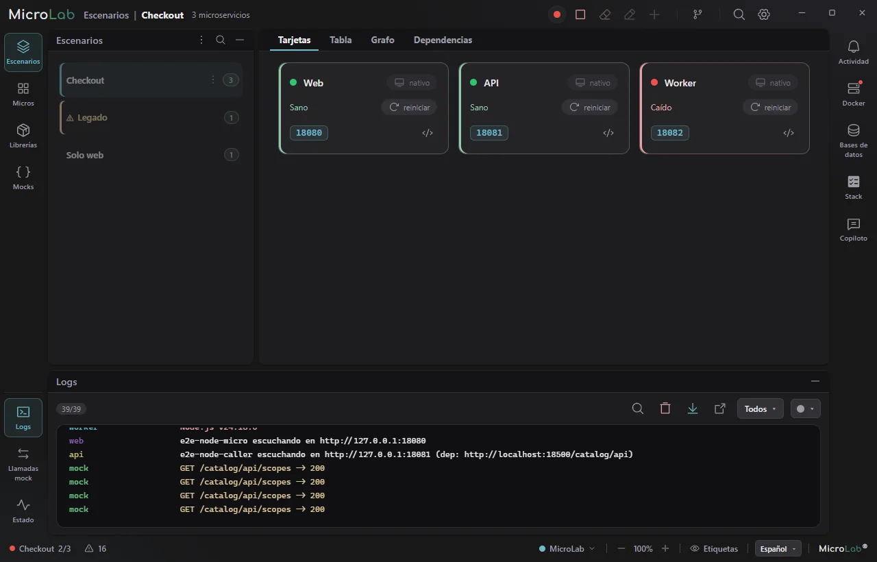 Ventana de MicroLab con el escenario «Checkout» levantado: tarjetas de los micros Web y API en estado sano y Worker caído, cada una con su puerto, y abajo el panel de logs en vivo con las llamadas atendidas por el servidor de mocks.